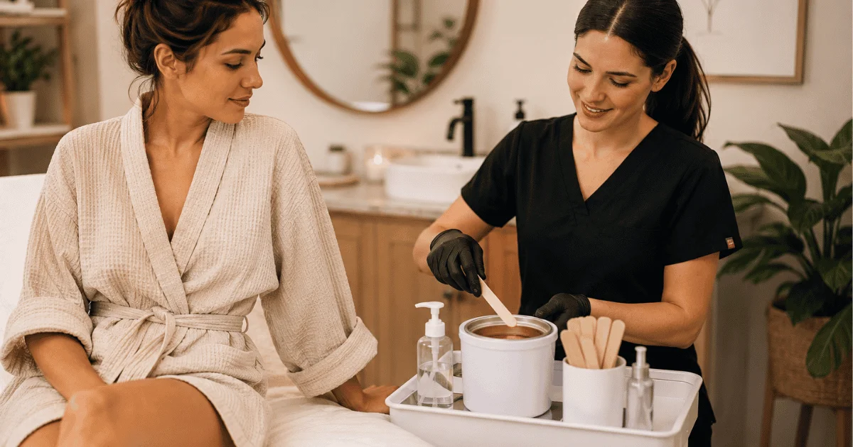 Woman preparing for a professional Brazilian waxing appointment at a salon